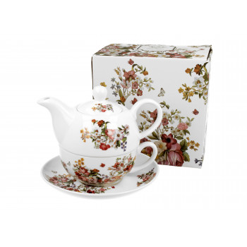 Tea for One porcelanowy / Filiżanka z dzbankiem i spodkiem VINTAGE FLOWERS WHITE